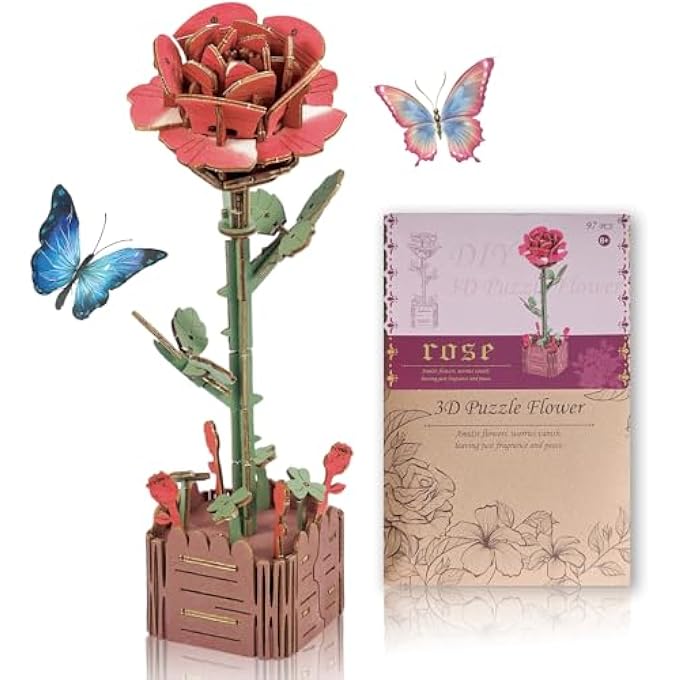 3D WOODEN PUZZLE,ROSE FLOWER WOODEN MODEL KITS FOR ADULTS TO BUILD,ARTIFICIAL FLOWERS FOR DECORATION,HOME DECOR ACCESSORIES LIVING ROOM,GIFTS FOR WOMEN BIRTHDAY DAY (ROSE) - Image 1